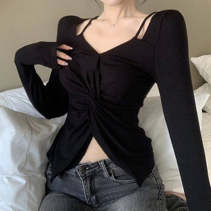 Pleated Twist V-Neck Long Sleeve Waist T-Shirt