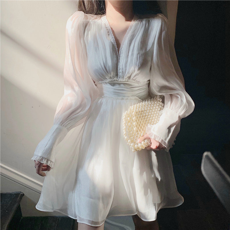 High Waist Ruffled V-Neck Puff Sleeve White Dress