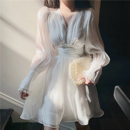 High Waist Ruffled V-Neck Puff Sleeve White Dress