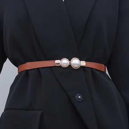 Pearl Button Elastic Sweater Dress Thin Belt