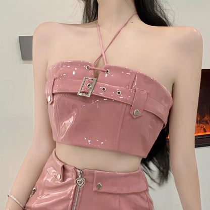 Halter Neck Tube Top Vest Zipper Skirt Pink Set