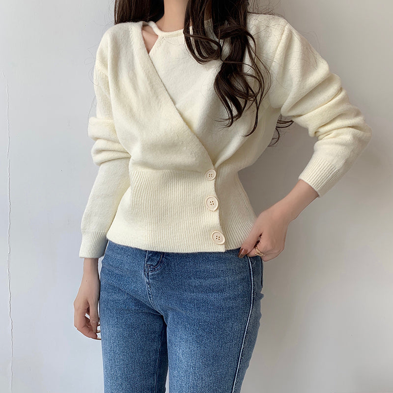 Waist-In Fake Two-Piece Three-Button Knit Sweater