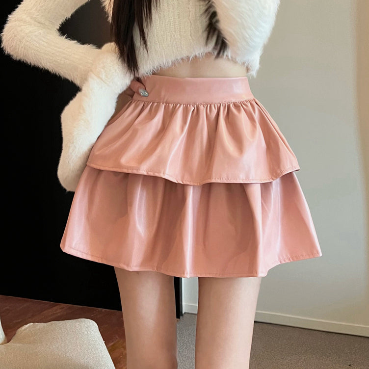 Ruffled Puffy Solid Color High Waist Short Leather Skirt