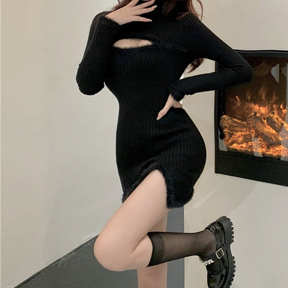 High-Neck Slim Slit Knit Bodycon Winter Dress