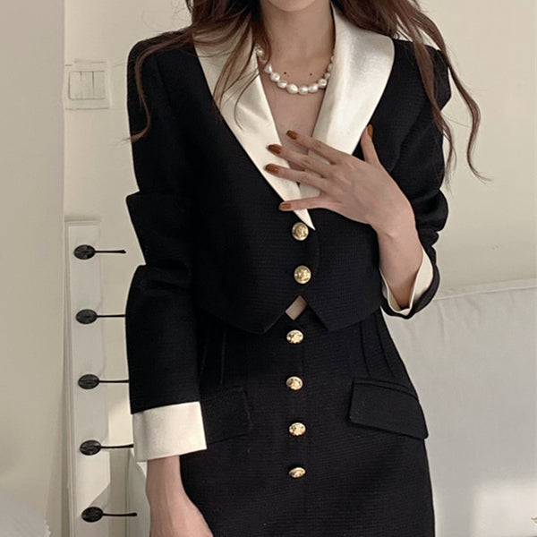 Single Breasted Lapel Blazer Top Black Skirt Set