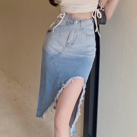 High Waist Gradient Blue Denim Slit Skirt