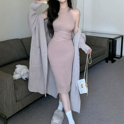 Knit Halter Dress Long Sweater Cardigan Set