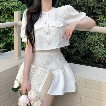 Puff Sleeve Breasted Jacket High Waist A-Line Skirt Set