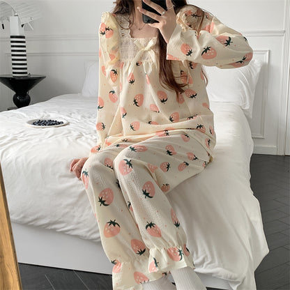 Pajamas Sweet Square Neck Print Casual Homewear Set