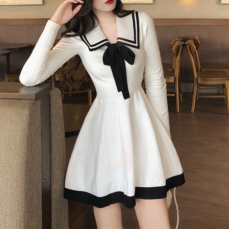 Long-Sleeved Knitted Dress Bow A-Line Dress Trend