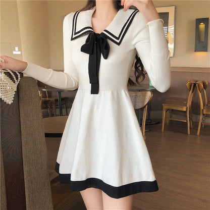 Long-Sleeved Knitted Dress Bow A-Line Dress Trend