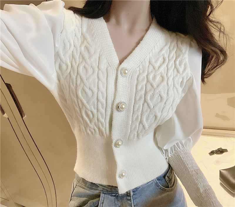 Temperament Slim Design Long-Sleeved Shirt Knitted Cardigan