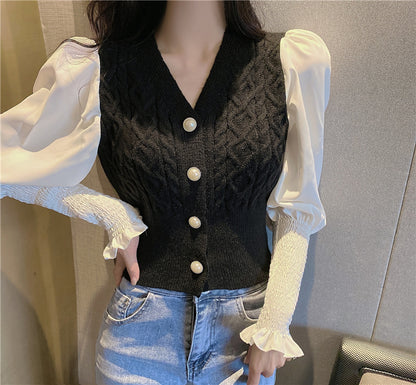 Temperament Slim Design Long-Sleeved Shirt Knitted Cardigan