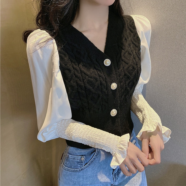 Temperament Slim Design Long-Sleeved Shirt Knitted Cardigan