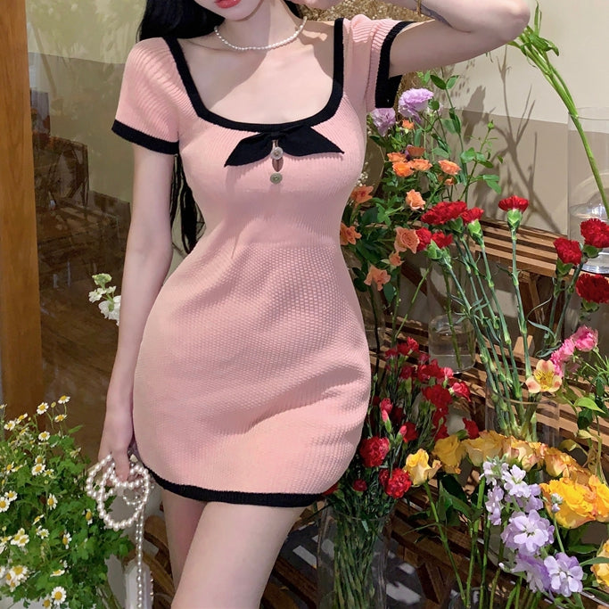 Sexy Square Neck Contrast Bow Knitted Waist Knit Dress