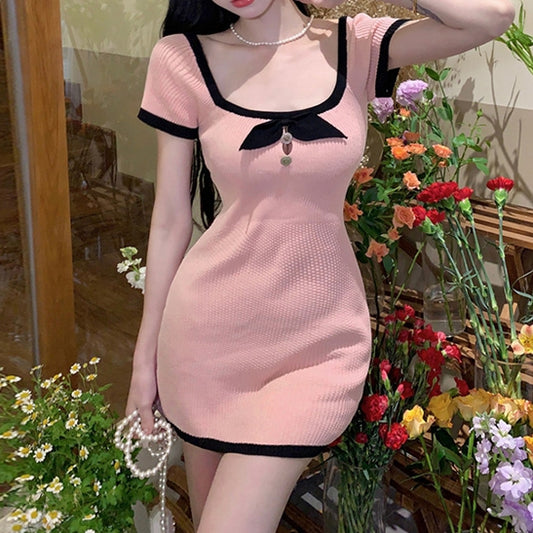 Sexy Square Neck Contrast Bow Knitted Waist Knit Dress