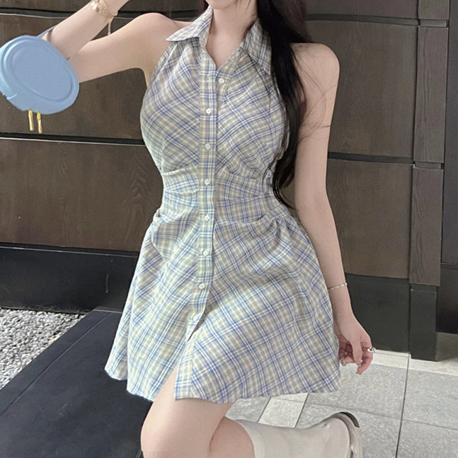 Check Vintage Single-Breasted Shirt Dress