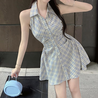 Check Vintage Single-Breasted Shirt Dress