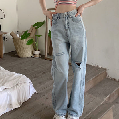 Blue High Waist Jeans Straight Leg Trousers