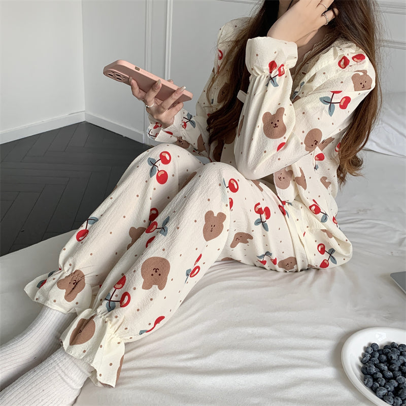 Pajamas Sweet Square Neck Print Casual Homewear Set