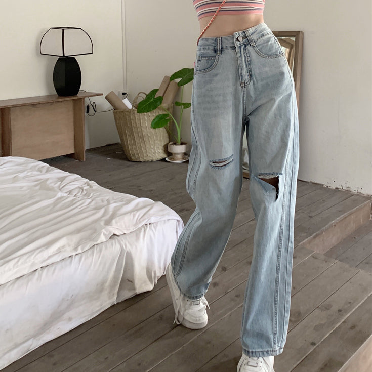 Blue High Waist Jeans Straight Leg Trousers