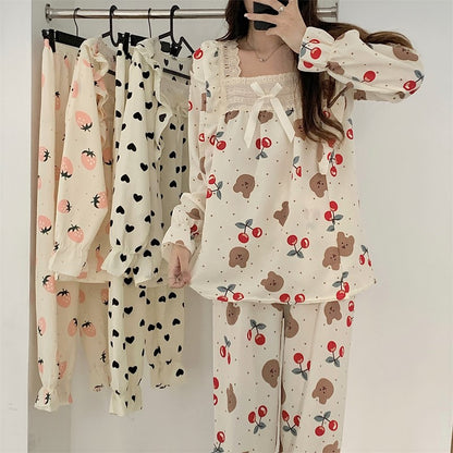 Pajamas Sweet Square Neck Print Casual Homewear Set