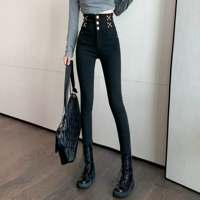 High-Waisted Black Stretch Pencil Jeans