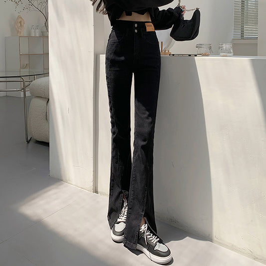 High Waist Slit Jeans Straight Leg Pants