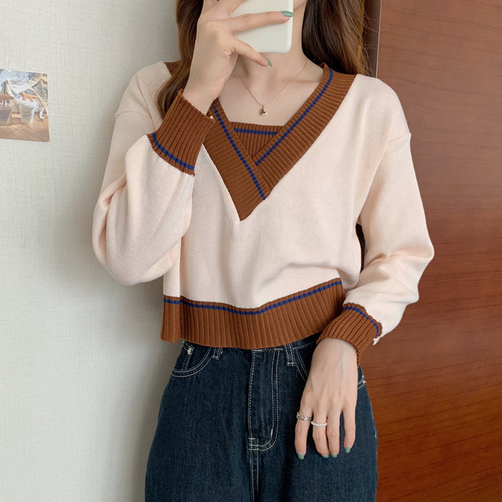 Knitted Top V-Neck Long Sleeves Sweater