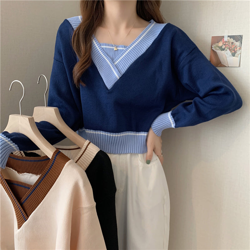 Knitted Top V-Neck Long Sleeves Sweater