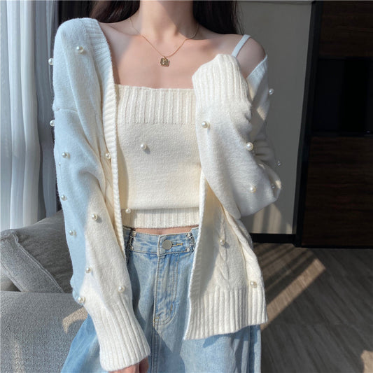 Solid Color Sweater Coat Knitted Cami Top