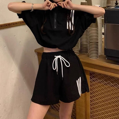 Drawstring Top High Waist Slit Shorts Tracksuit