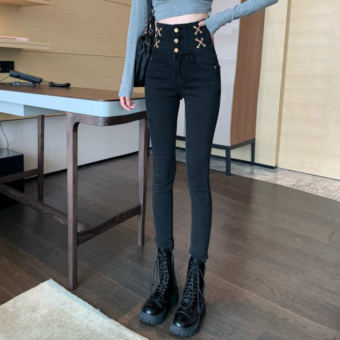 High-Waisted Black Stretch Pencil Jeans