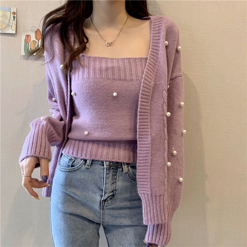 Solid Color Sweater Coat Knitted Cami Top