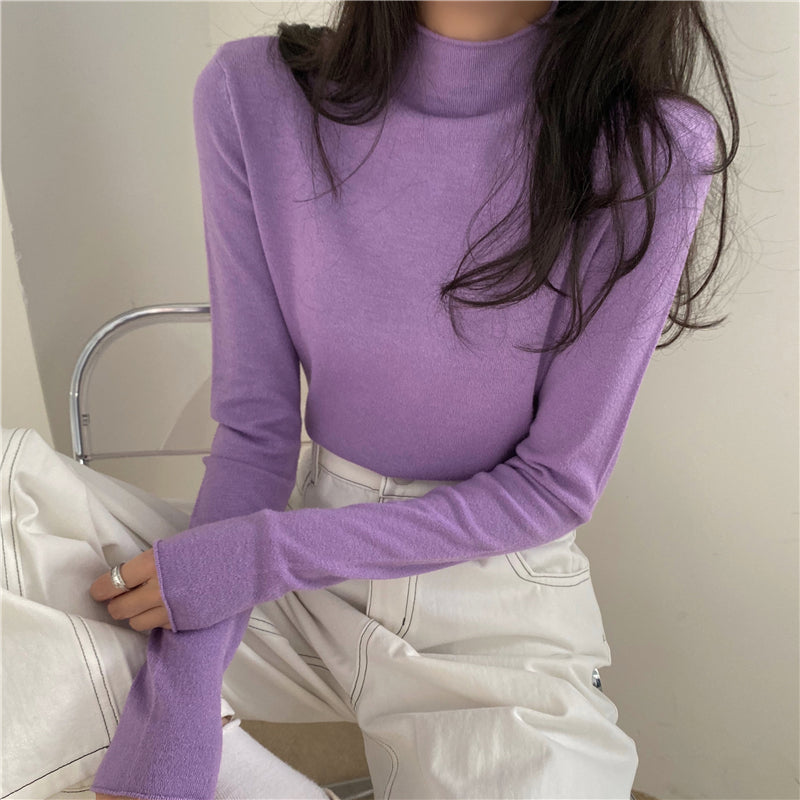 Half High Round Neck Knitted Long Sleeve Top