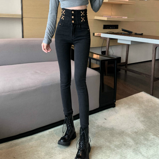 High-Waisted Black Stretch Pencil Jeans