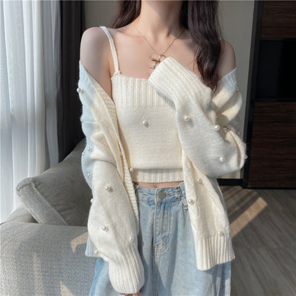 Solid Color Sweater Coat Knitted Cami Top