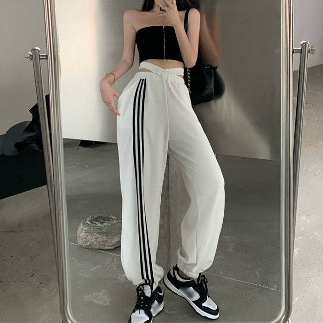 Colorblock Sweatpants Striped Cross-Tie Jogging Trousers