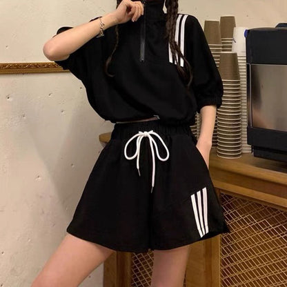 Drawstring Top High Waist Slit Shorts Tracksuit