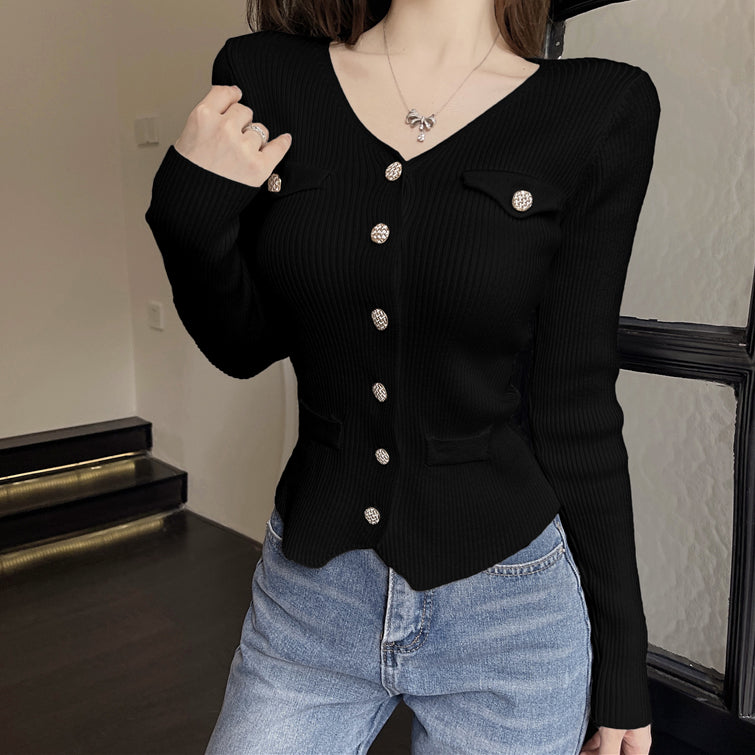 V-Neck Knit Cardigan Top Pocket Gold Button Sweater