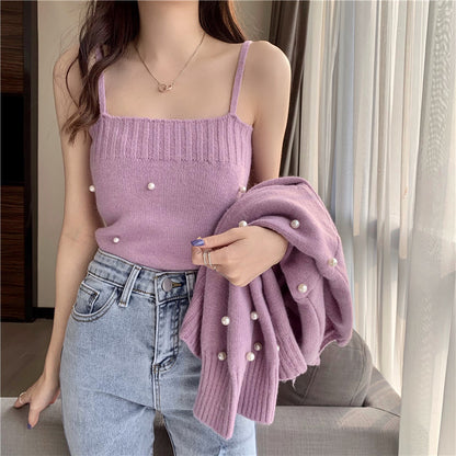 Solid Color Sweater Coat Knitted Cami Top