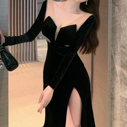 High Waist Slit Slim Fit Long Sleeve Homecoming Black Dress