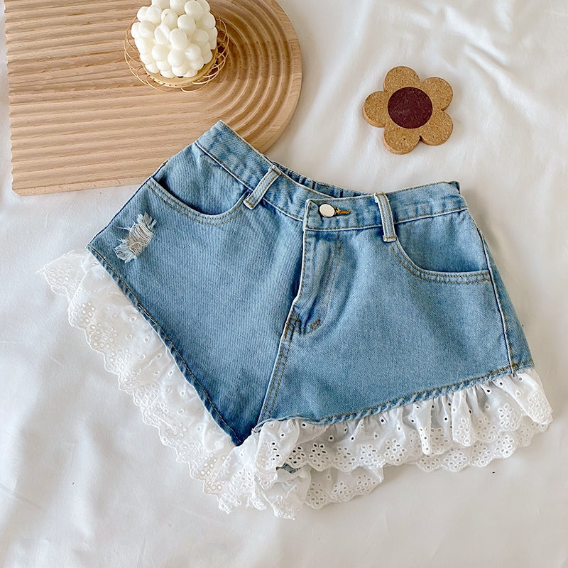 Lace-Trimmed Denim Top Elasticated Waist Shorts Set