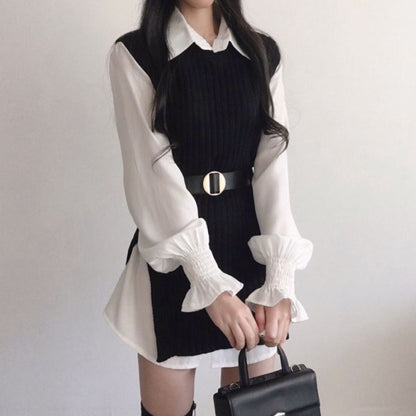 Flared Sleeve Shirt Belt Knitted Vest Winter Dress Set