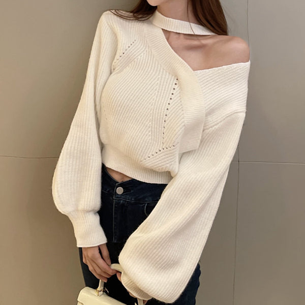 V-Neck Puff Sleeve Warm Knitted Sweater Top