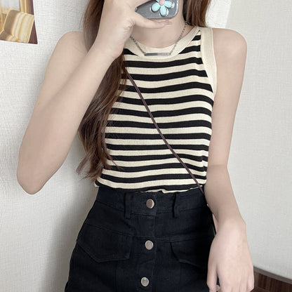 Sleeveless Striped Knit Crewneck Tank Top