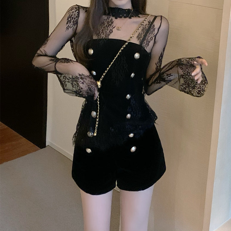 Lace Top Double Breasted Bandeau Jumpsuit Set