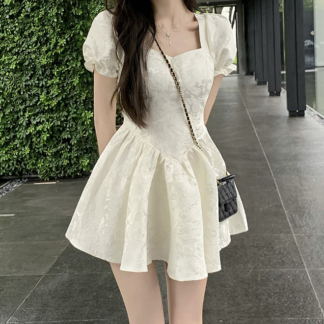 Puff Sleeve Jacquard Slim Fit Short Puff Dress