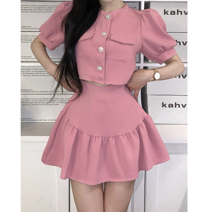 Puff Sleeve Breasted Jacket High Waist A-Line Skirt Set