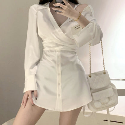 Satin Off Shoulder Long Sleeve Shirt Dress